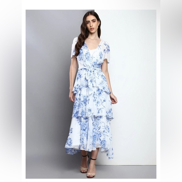 NWT Calvin Klein Floral Blue/White Tiered Chiffon Midi Dress sz 12 | Cottagecore - Picture 1 of 8
